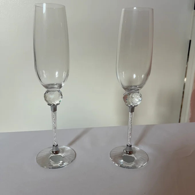 Clear Champagne Flutes with Crystal Ball Glitter Stem Set of 2 