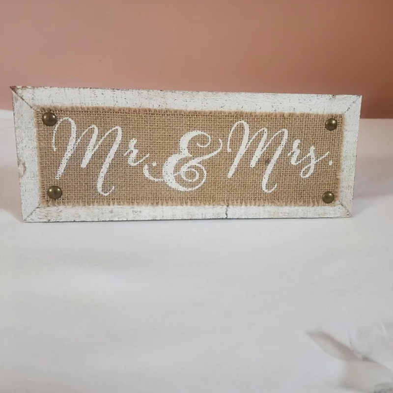 Boho White Burlap MR and MRS Centerpiece Sign