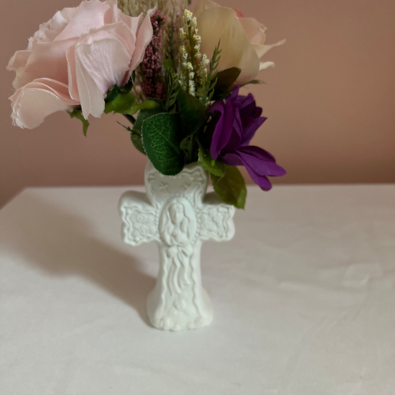 White Decorative Glass Cross Vase with Mary