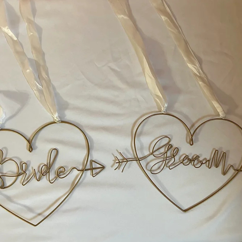 Gold Wired Hanging Heart with Bride and Groom Arrows 