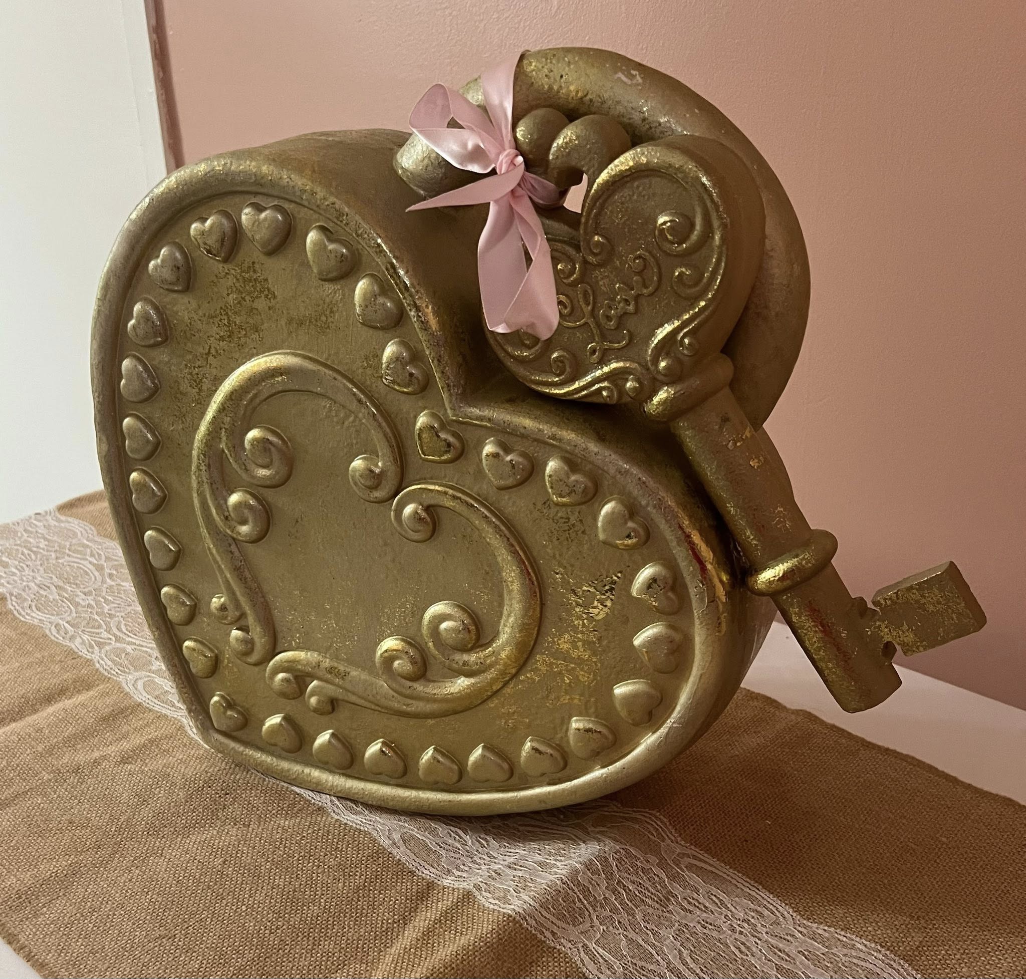 Large Gold Heart with Key  Decorative Accent