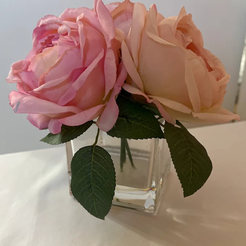 Pink Roses in Clear Glass Vase