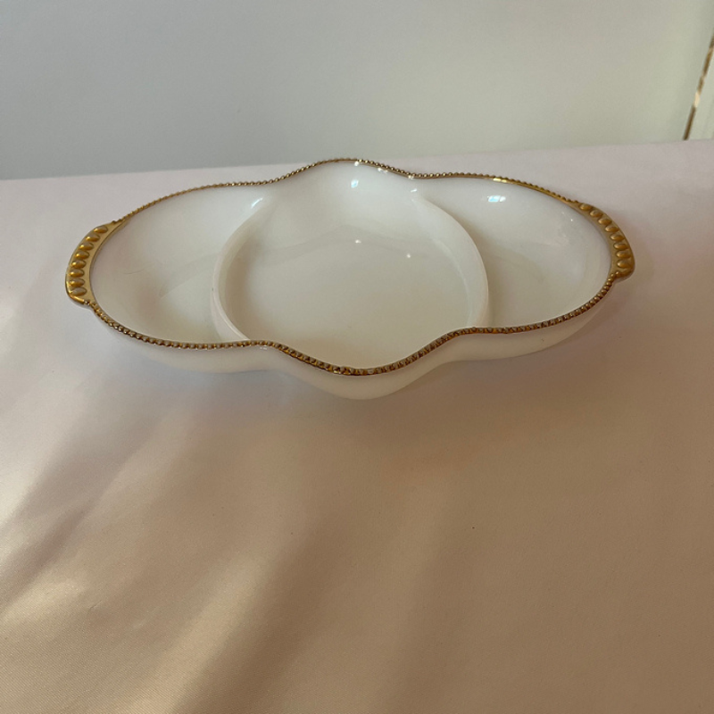  White Milk Glass Serving Platter  Gold Trim
