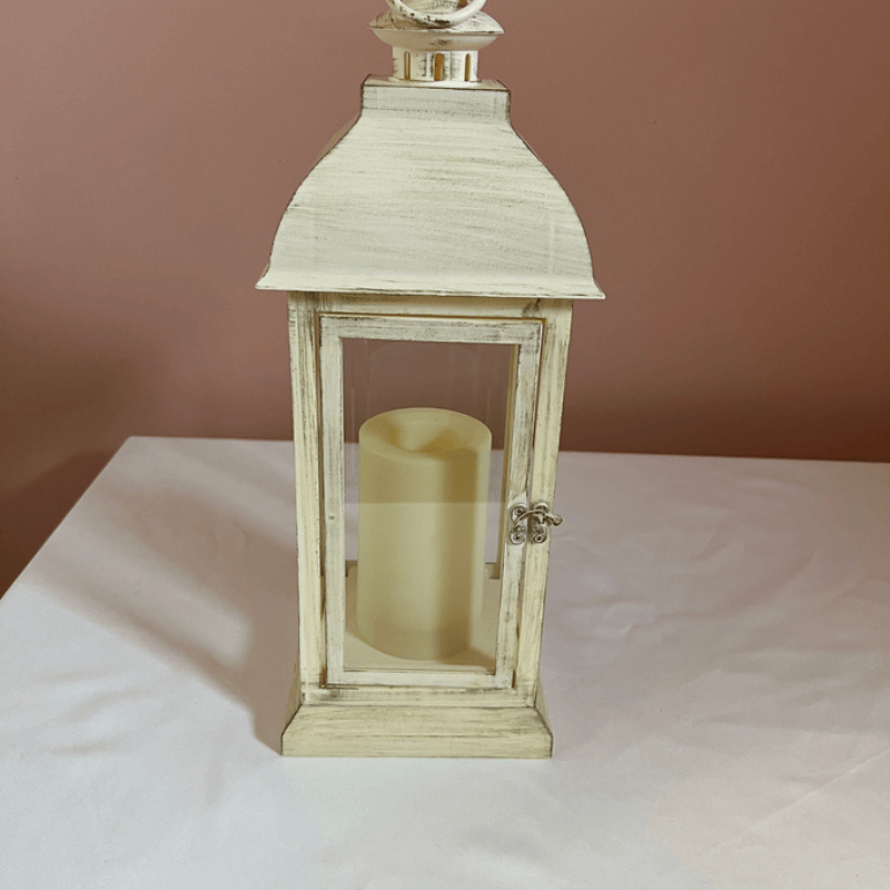 Cream Distressed Metal Lantern with Candle 