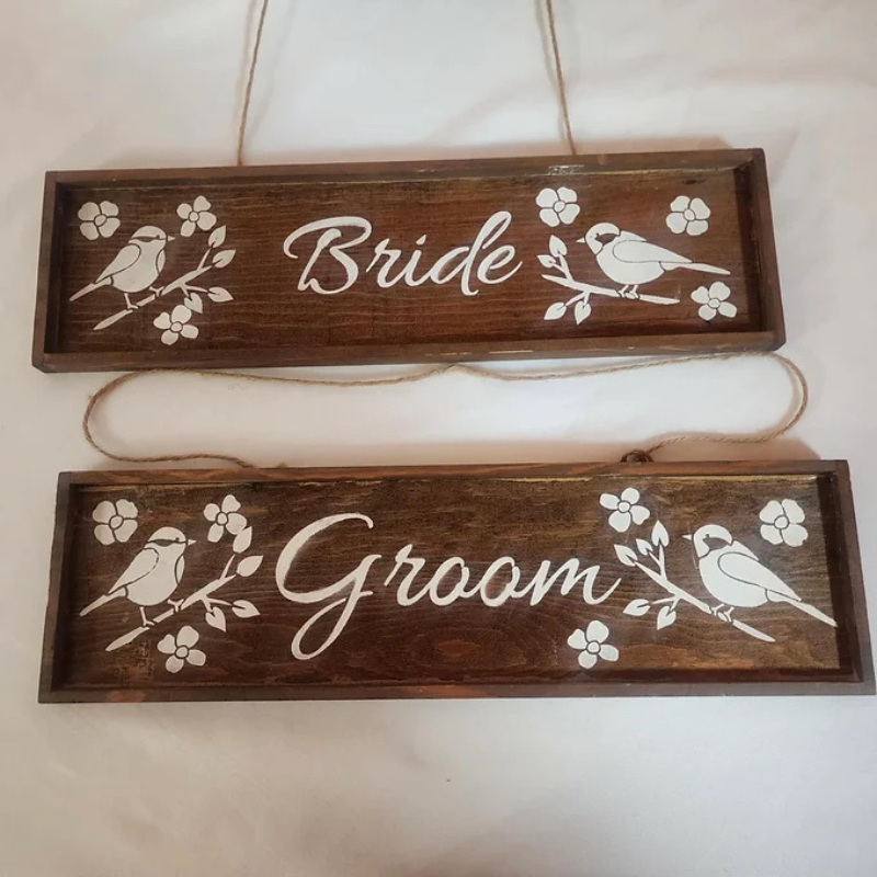 Wood Stained Bride and Groom Sign Set  White Lettering