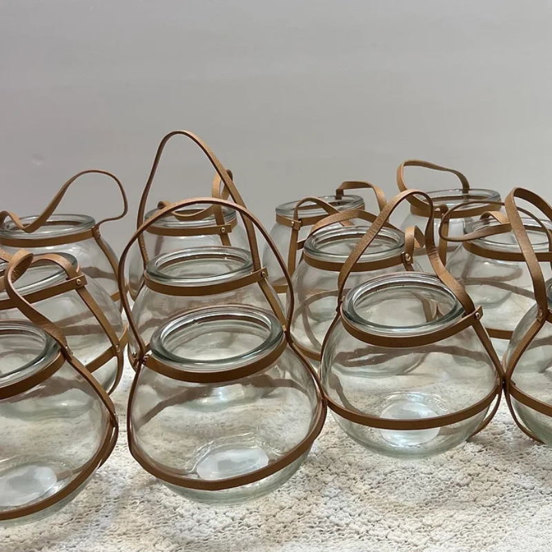 Glass Tealight Candle Holder with Leather Handle