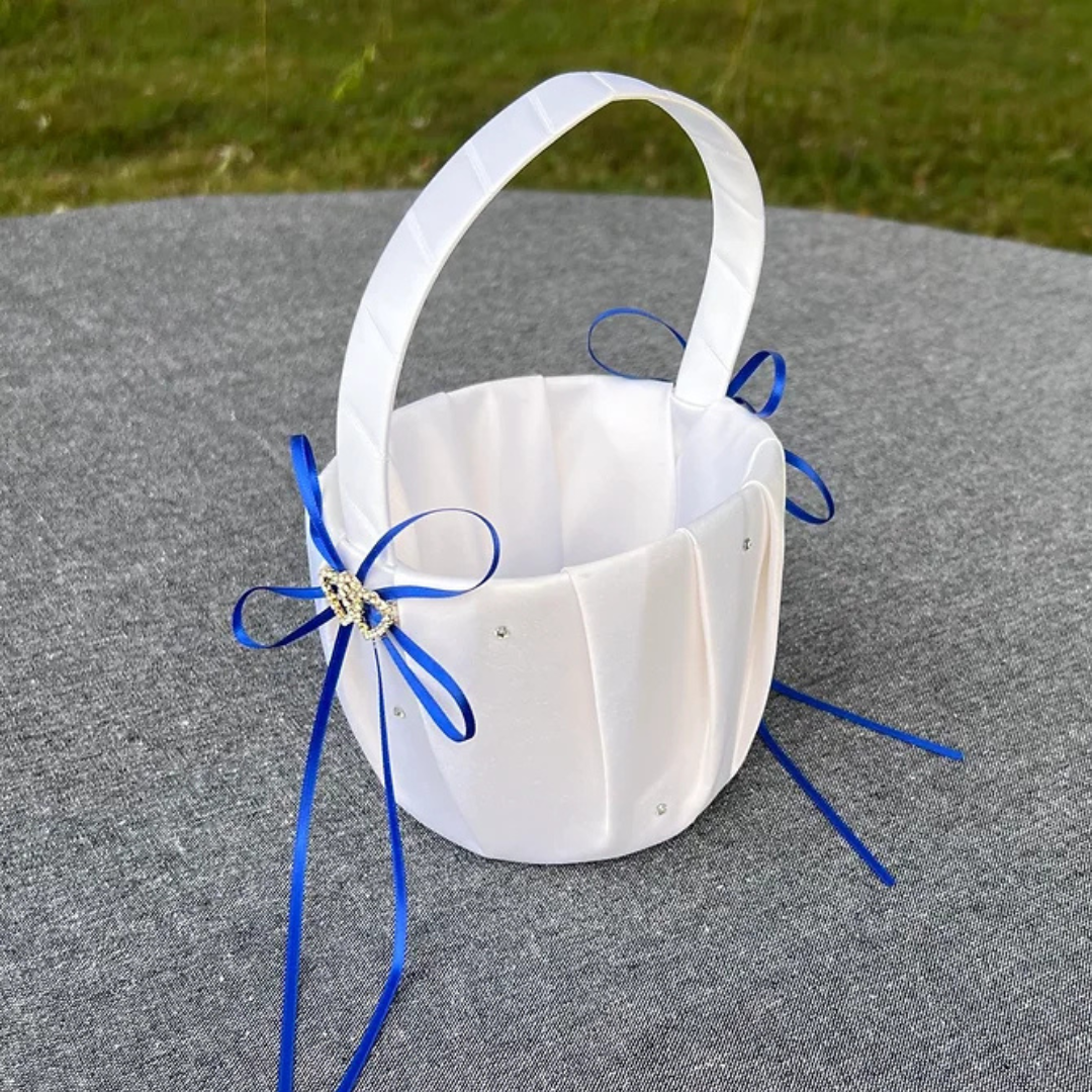 White Satin Flower Girl Basket Elegant white satin basket accented with rhines